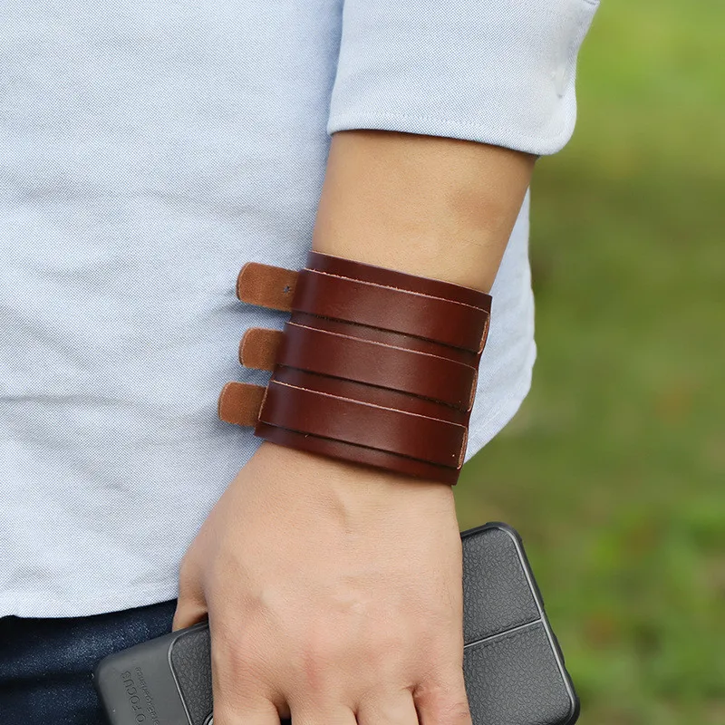 KOTik 2024 New Fashion Genuine Leather Wide Cuff Bangles Punk Vintage Three Layers Wide Black Brown Men Jewelry Bracelets thumbnail 6