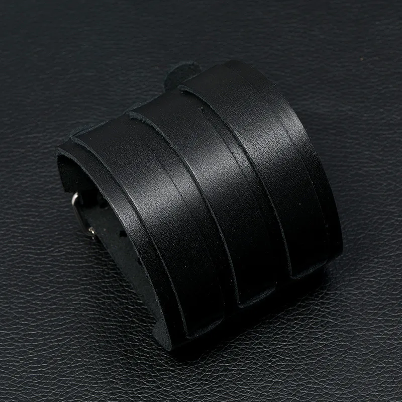 KOTik 2024 New Fashion Genuine Leather Wide Cuff Bangles Punk Vintage Three Layers Wide Black Brown Men Jewelry Bracelets thumbnail 2