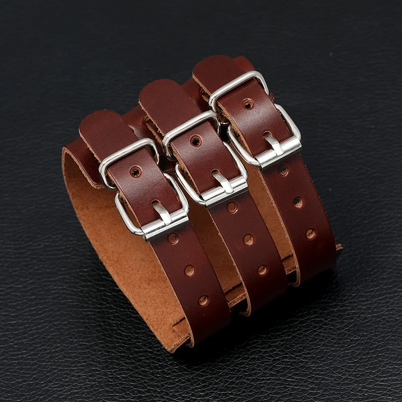 KOTik 2024 New Fashion Genuine Leather Wide Cuff Bangles Punk Vintage Three Layers Wide Black Brown Men Jewelry Bracelets thumbnail 3