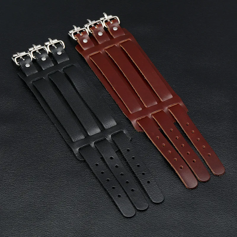 KOTik 2024 New Fashion Genuine Leather Wide Cuff Bangles Punk Vintage Three Layers Wide Black Brown Men Jewelry Bracelets thumbnail 5