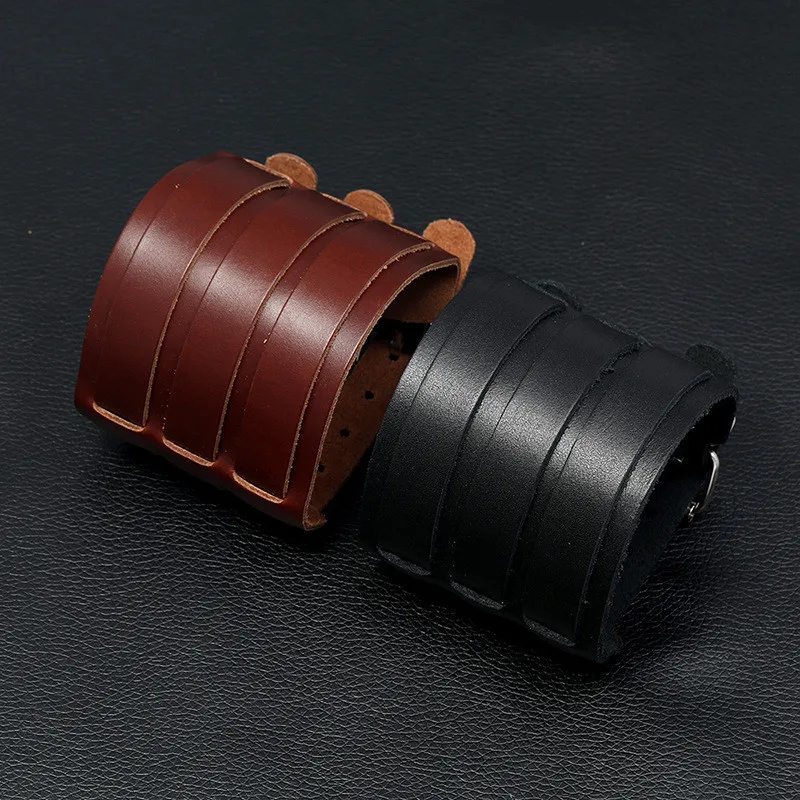 KOTik 2024 New Fashion Genuine Leather Wide Cuff Bangles Punk Vintage Three Layers Wide Black Brown Men Jewelry Bracelets thumbnail 4