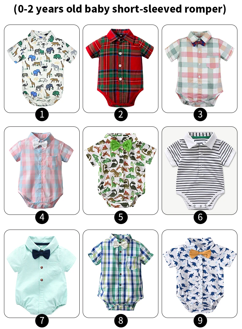 Newborn Boys Bodysuit with Bow Tie Cotton Baby Romper Soft Cartoon Animal Print Formal Short Sleeve Children Top Costume thumbnail 2