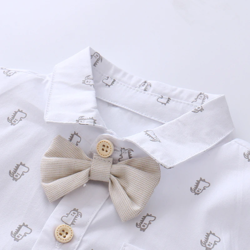 Newborn Boys Bodysuit with Bow Tie Cotton Baby Romper Soft Cartoon Animal Print Formal Short Sleeve Children Top Costume thumbnail 4