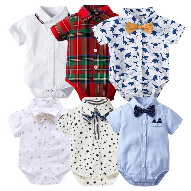 Newborn Boys Bodysuit with Bow Tie Cotton Baby Romper Soft Cartoon Animal Print Formal Short Sleeve Children Top Costume