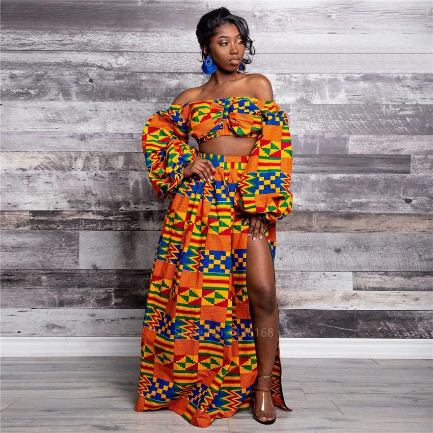African Clothing National Print 2 Piece Set Women Sexy Slash-neck Long Sleeve Tops +High Slit Maxi Skirt Summer Casual Lady Suit thumbnail 2