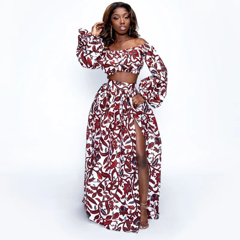 African Clothing National Print 2 Piece Set Women Sexy Slash-neck Long Sleeve Tops +High Slit Maxi Skirt Summer Casual Lady Suit thumbnail 5