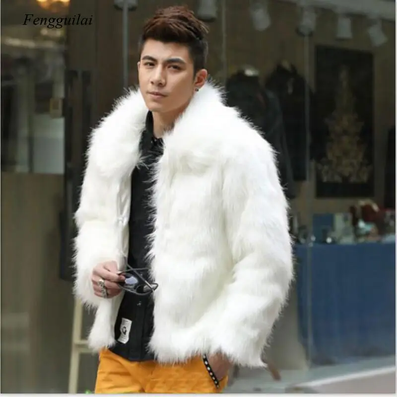 Homme Jacket Faux Leather Men White Black Fashion Coat Fur Fox Fur Lapel Men's Casual Slim Coat Jaqueta Motoqueiro