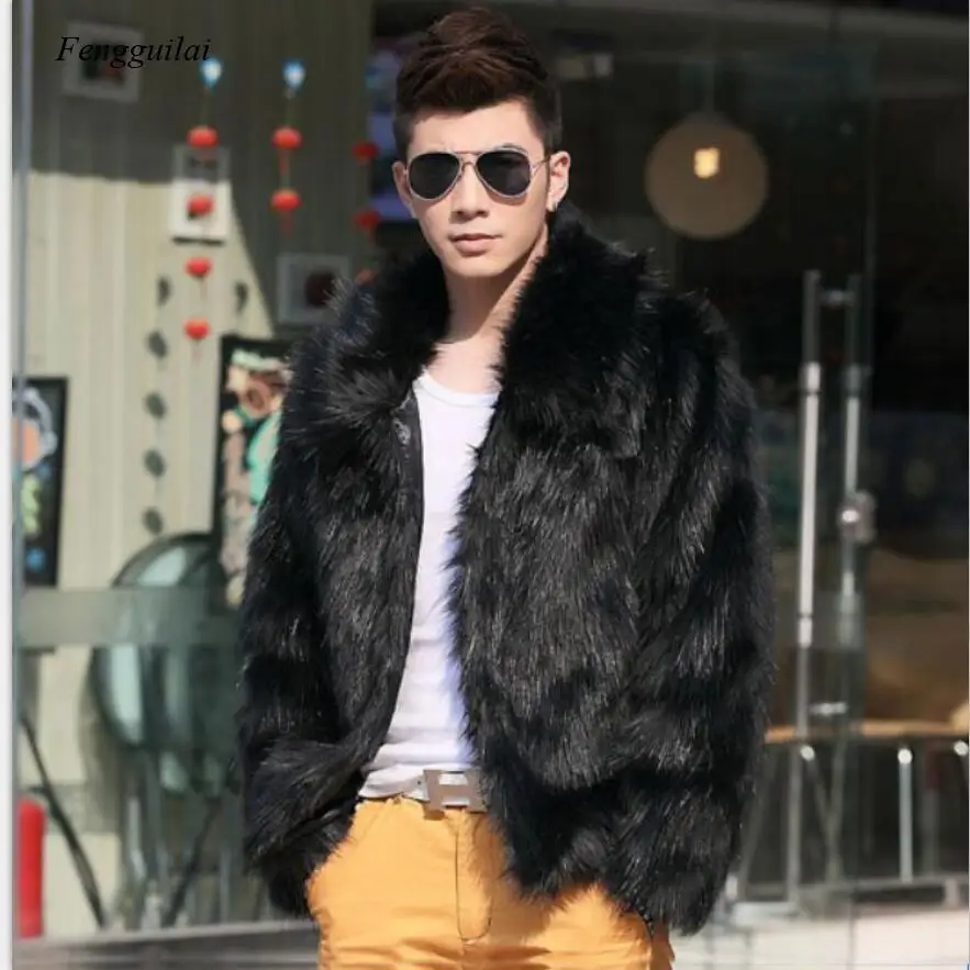 Homme Jacket Faux Leather Men White Black Fashion Coat Fur Fox Fur Lapel Men's Casual Slim Coat Jaqueta Motoqueiro thumbnail 2