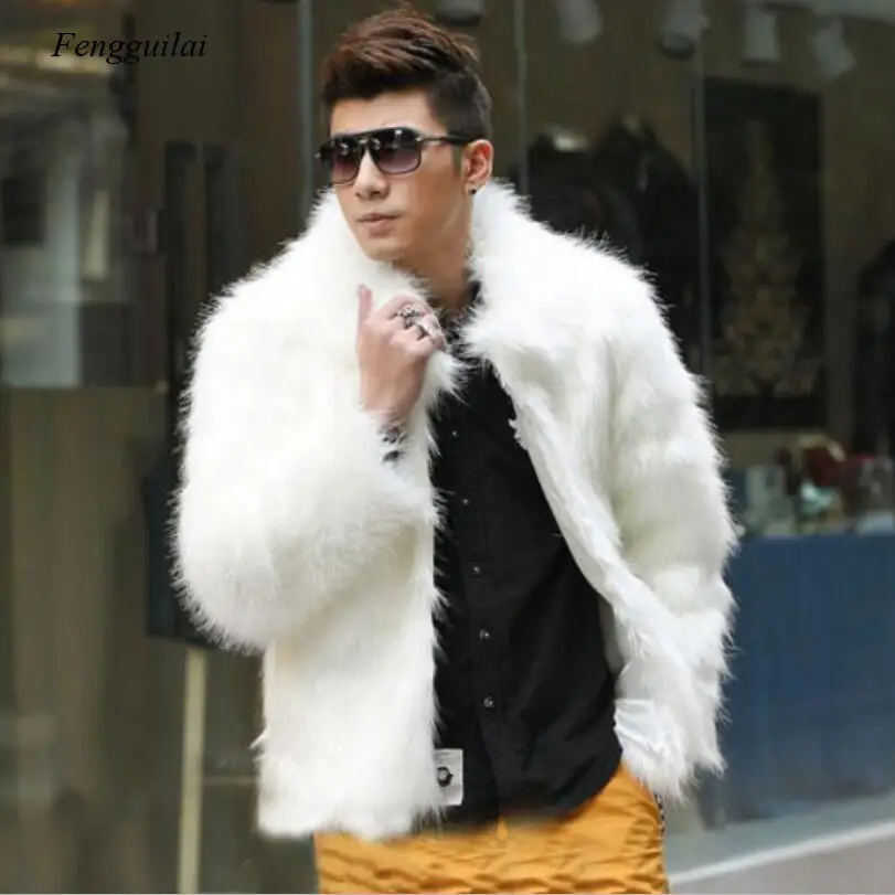 Homme Jacket Faux Leather Men White Black Fashion Coat Fur Fox Fur Lapel Men's Casual Slim Coat Jaqueta Motoqueiro thumbnail 3