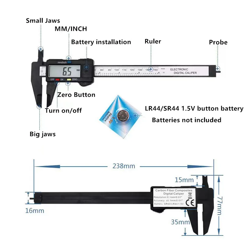 150mm 100mm Electronic Digital Caliper Carbon Fiber Dial Vernier Caliper Gauge Micrometer Measuring Tool Digital Ruler thumbnail 3