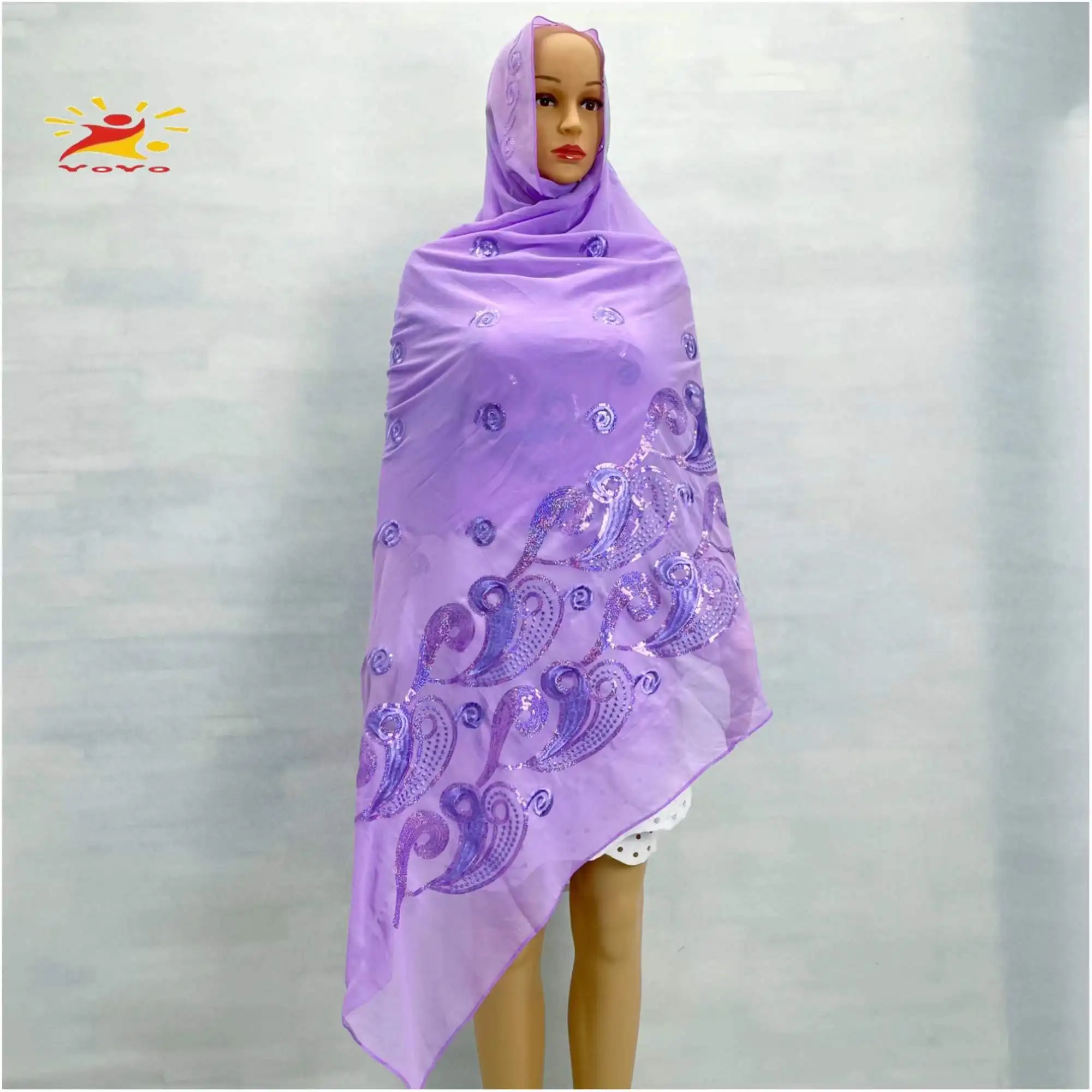 African Fashion Muslim Scarf Turban Women Medium Size Sequin Embroidery Chiffon Islamic Hijab Pashmina Embroider Ramadan Dubai thumbnail 2