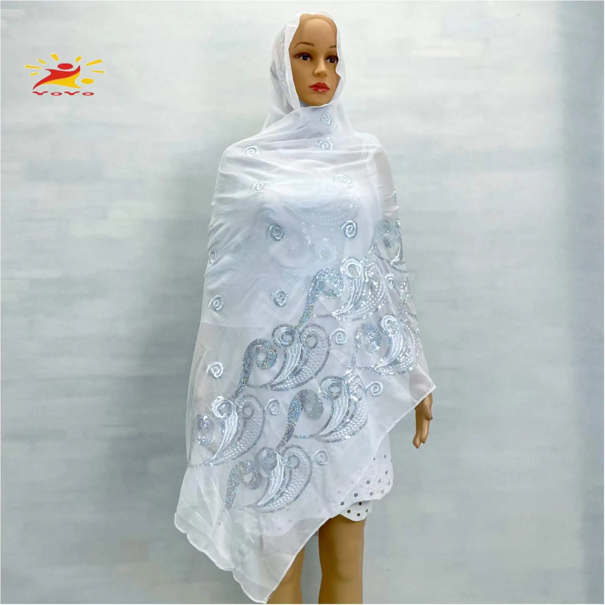 African Fashion Muslim Scarf Turban Women Medium Size Sequin Embroidery Chiffon Islamic Hijab Pashmina Embroider Ramadan Dubai thumbnail 4