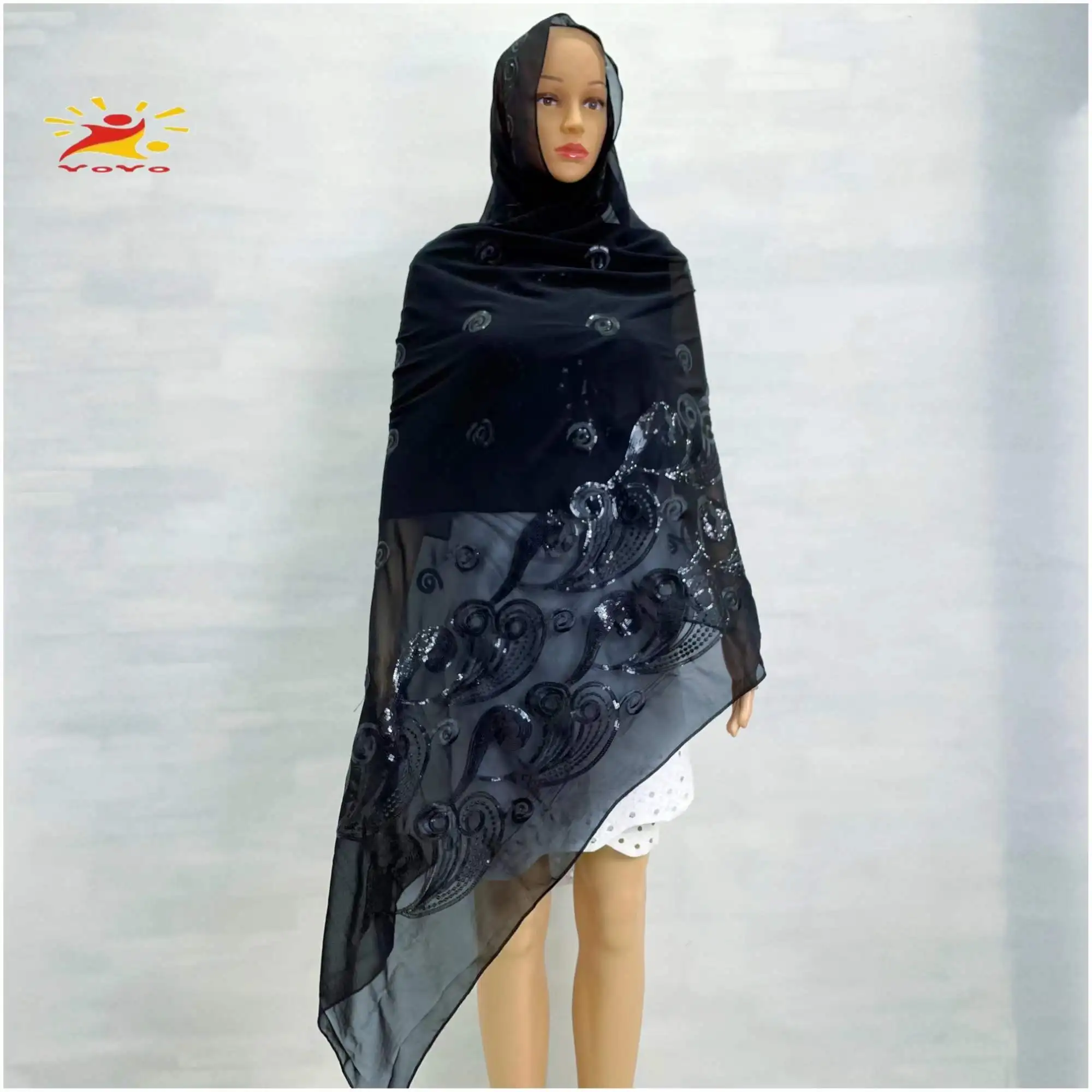 African Fashion Muslim Scarf Turban Women Medium Size Sequin Embroidery Chiffon Islamic Hijab Pashmina Embroider Ramadan Dubai thumbnail 5
