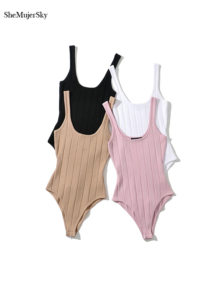 SheMujerSky Women Sexy Tank Sleeveless Bodysuits Summer Knitted Elastic Slim Solid Color Bodysuit