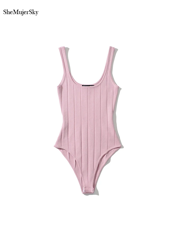SheMujerSky Women Sexy Tank Sleeveless Bodysuits Summer Knitted Elastic Slim Solid Color Bodysuit thumbnail 4