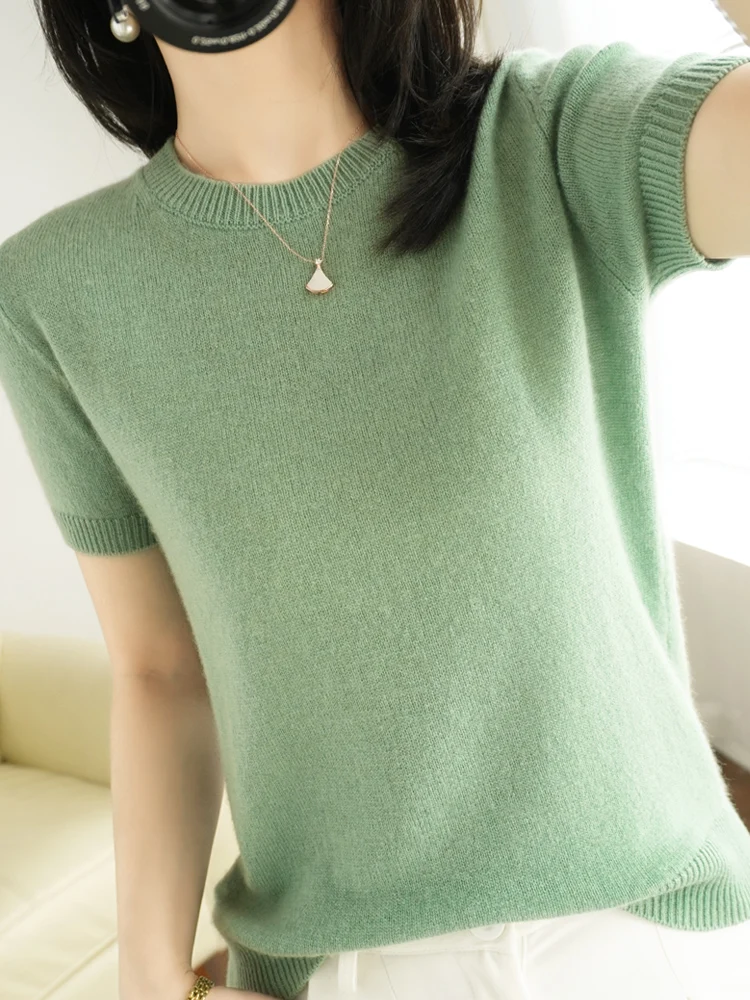 New Short-sleeved Knitwear Women O-neck T-shirt Wool Cotton Blend Pullover Vest Sprig Summer Bottoming Tops Sweater Solid Soft thumbnail 5