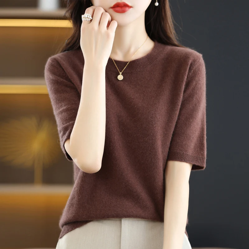New Short-sleeved Knitwear Women O-neck T-shirt Wool Cotton Blend Pullover Vest Sprig Summer Bottoming Tops Sweater Solid Soft thumbnail 4