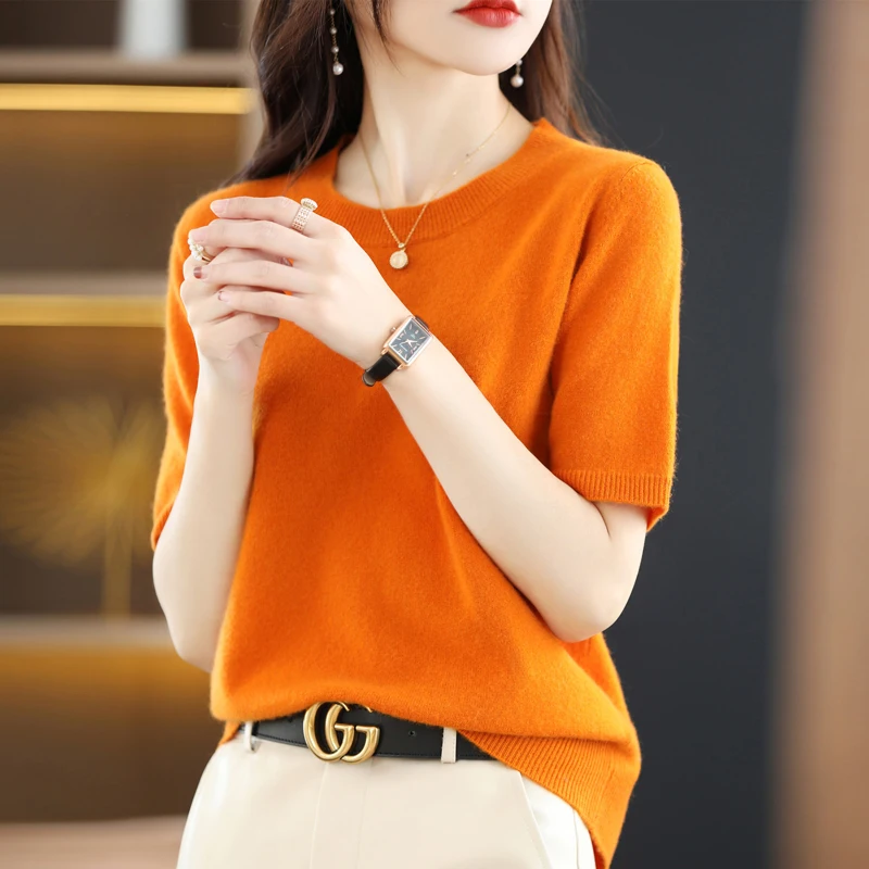 New Short-sleeved Knitwear Women O-neck T-shirt Wool Cotton Blend Pullover Vest Sprig Summer Bottoming Tops Sweater Solid Soft thumbnail 3