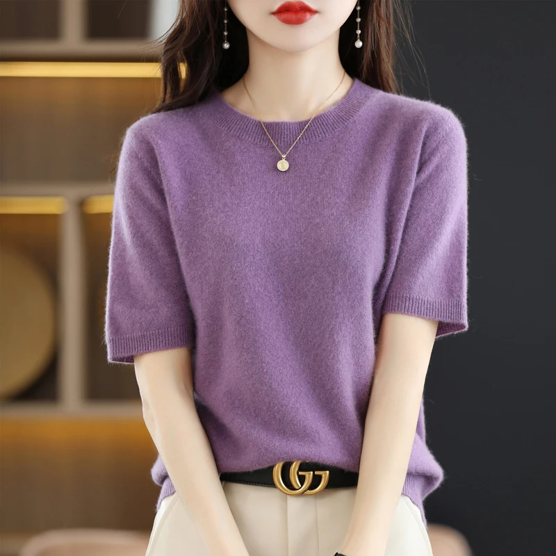 New Short-sleeved Knitwear Women O-neck T-shirt Wool Cotton Blend Pullover Vest Sprig Summer Bottoming Tops Sweater Solid Soft thumbnail 2