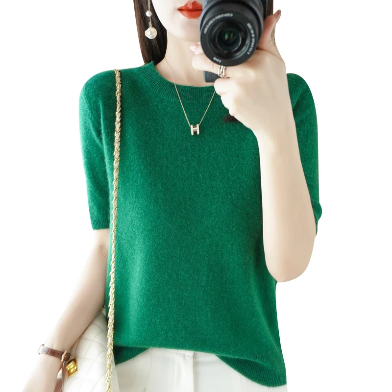 New Short-sleeved Knitwear Women O-neck T-shirt Wool Cotton Blend Pullover Vest Sprig Summer Bottoming Tops Sweater Solid Soft thumbnail 6