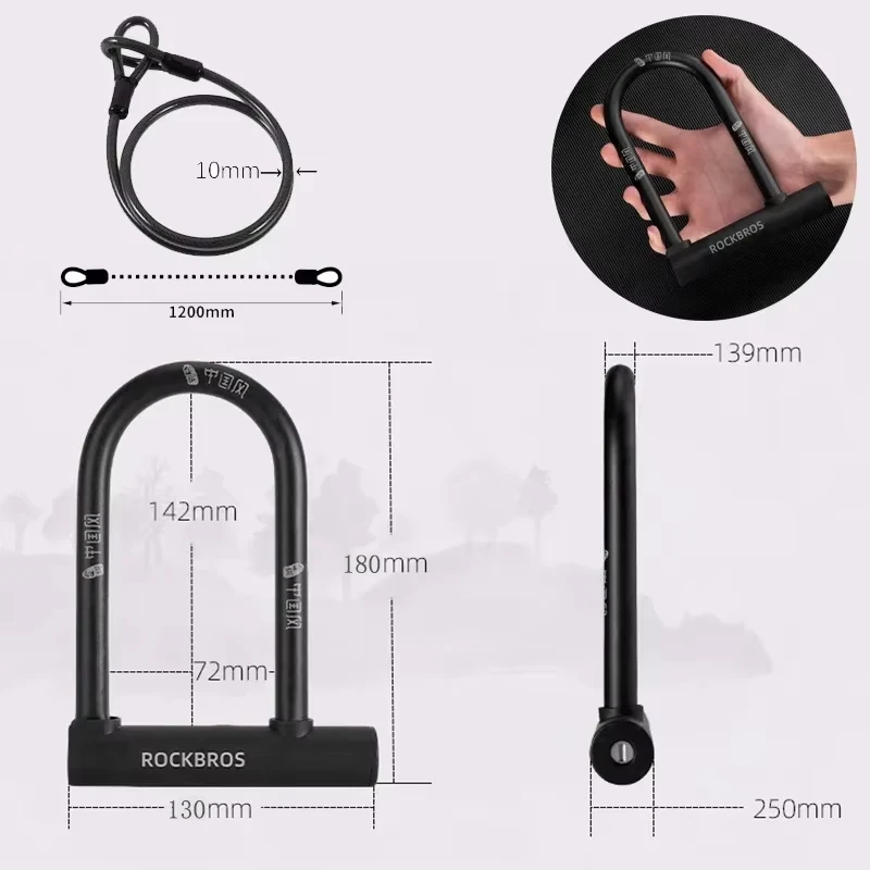 ROCKBROS Chinese Style Bicycle Locks U Shape Electric Scooter Padlock Anti-theft Bike Lock Cable Set MTB Road Bike Accessories thumbnail 6