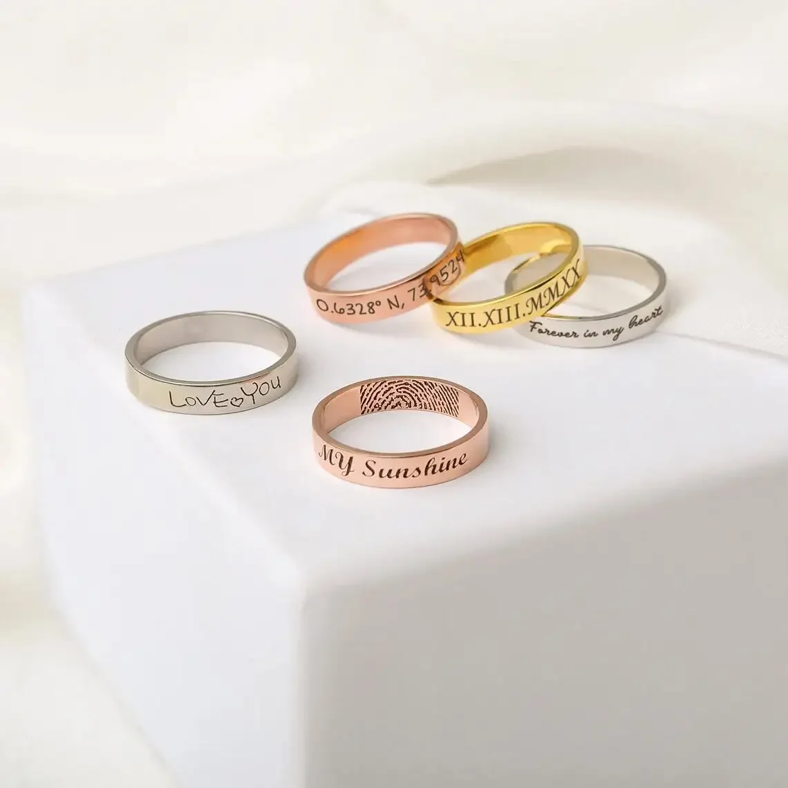 Custom Word Inside Outside Engrave Ring Dainty Name Personalized Stacking Ring Unisex Promise EternityMemorial Anniversary Gifts thumbnail 4