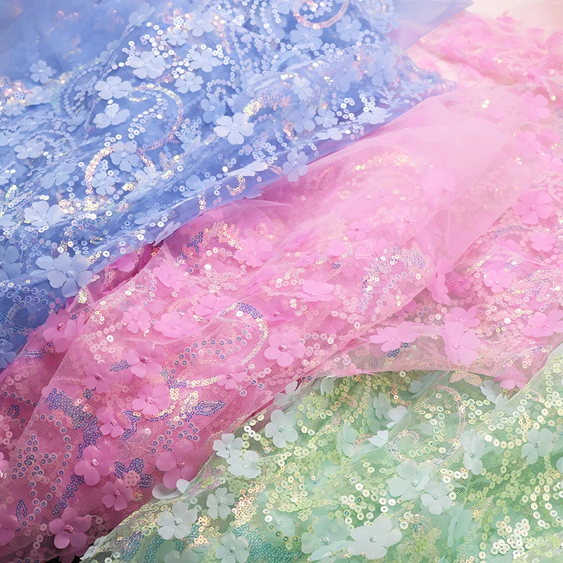 1yards 130cm DIY Handmade High Quality Mesh Embroidery Sequin 3D Flower Tulle Fabric DIY Bow Material for Decor Clothes Crafts