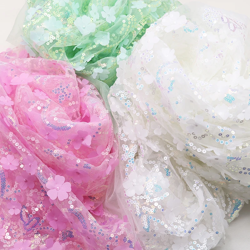 1yards 130cm DIY Handmade High Quality Mesh Embroidery Sequin 3D Flower Tulle Fabric DIY Bow Material for Decor Clothes Crafts thumbnail 4