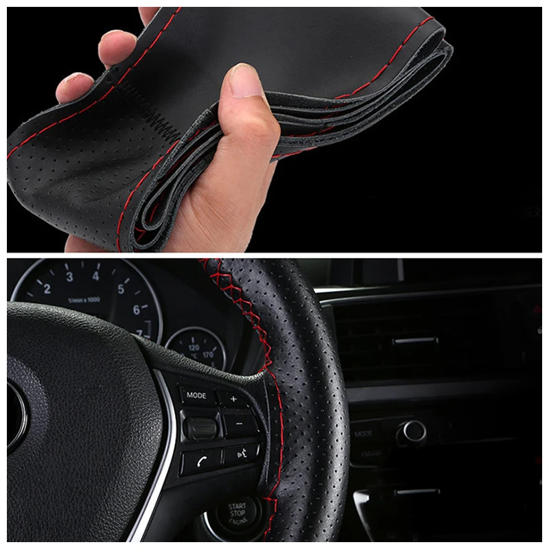 SEAMETAL Genuine Leather Car Steering Wheel Cover with Needles Thread DIY Braid 37-38cm Anti-Slip Cowhide Steer-Wheel Protector thumbnail 6
