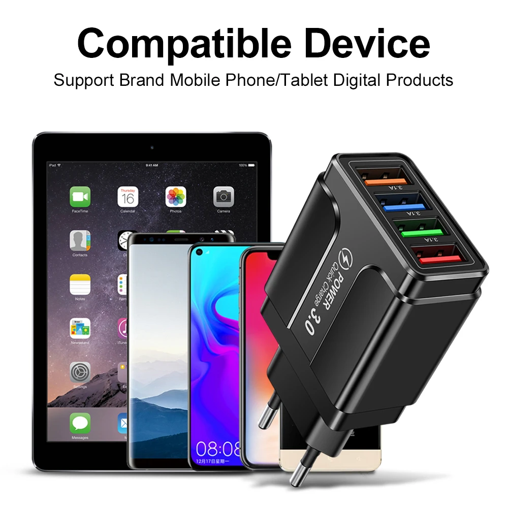 4 Ports Quick Charge 3.0 Wall Fast Charger Adapter Micro USB Fast Data Sync Charger Cable for Samsung Xiaomi Huawei Mobile Phone thumbnail 4