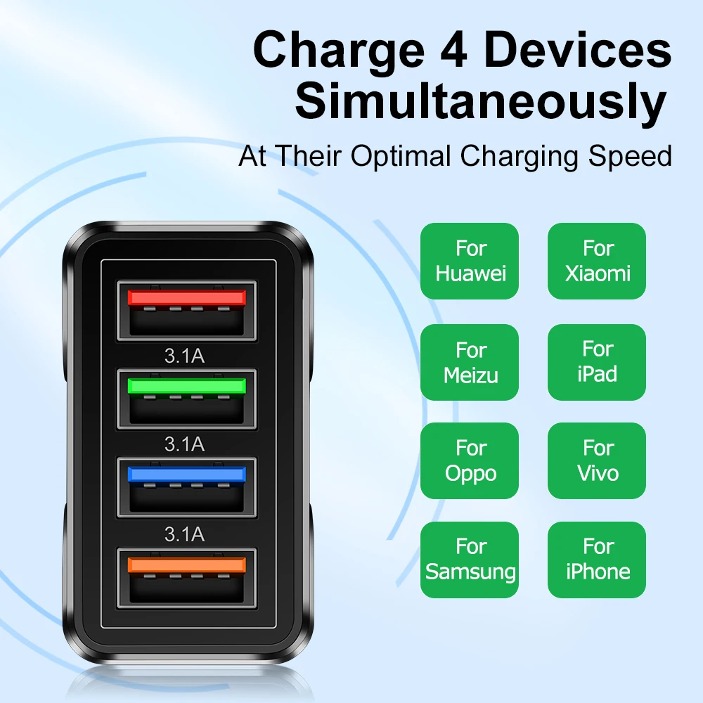 4 Ports Quick Charge 3.0 Wall Fast Charger Adapter Micro USB Fast Data Sync Charger Cable for Samsung Xiaomi Huawei Mobile Phone thumbnail 3