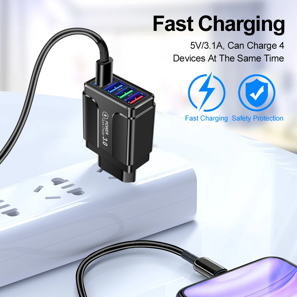 4 Ports Quick Charge 3.0 Wall Fast Charger Adapter Micro USB Fast Data Sync Charger Cable for Samsung Xiaomi Huawei Mobile Phone thumbnail 5