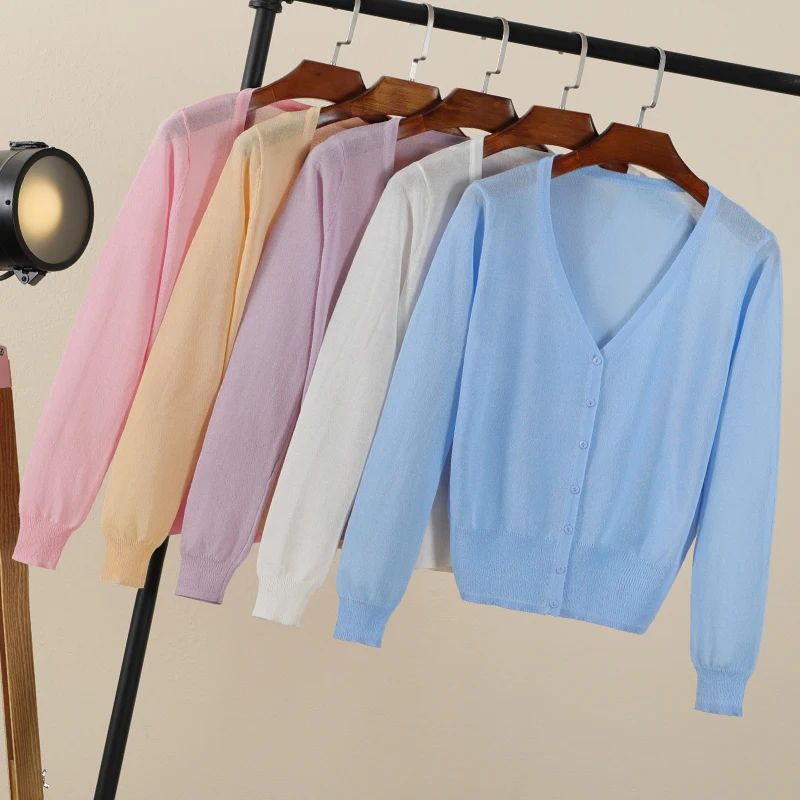 Summer Cardigan Women Cropped Korean Fashion Style Female Black Women's Coat Clothing V-neck Ladies Sweater Outerwear Cute Basic thumbnail 3