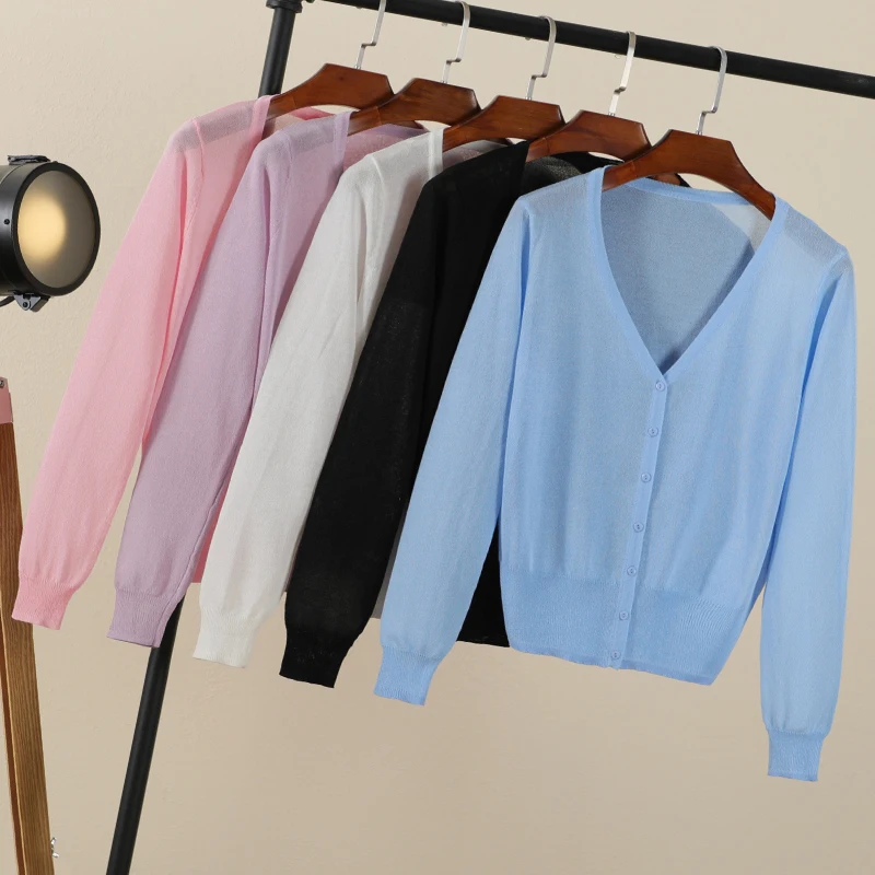 Summer Cardigan Women Cropped Korean Fashion Style Female Black Women's Coat Clothing V-neck Ladies Sweater Outerwear Cute Basic thumbnail 4