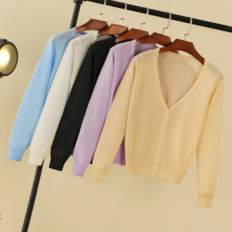 Summer Cardigan Women Cropped Korean Fashion Style Female Black Women's Coat Clothing V-neck Ladies Sweater Outerwear Cute Basic thumbnail 2