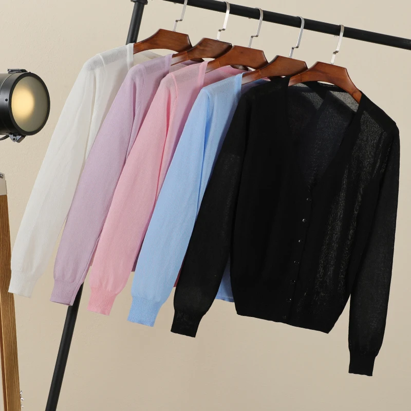 Summer Cardigan Women Cropped Korean Fashion Style Female Black Women's Coat Clothing V-neck Ladies Sweater Outerwear Cute Basic thumbnail 5