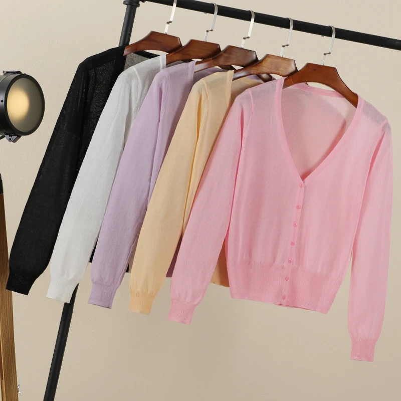 Summer Cardigan Women Cropped Korean Fashion Style Female Black Women's Coat Clothing V-neck Ladies Sweater Outerwear Cute Basic thumbnail 6