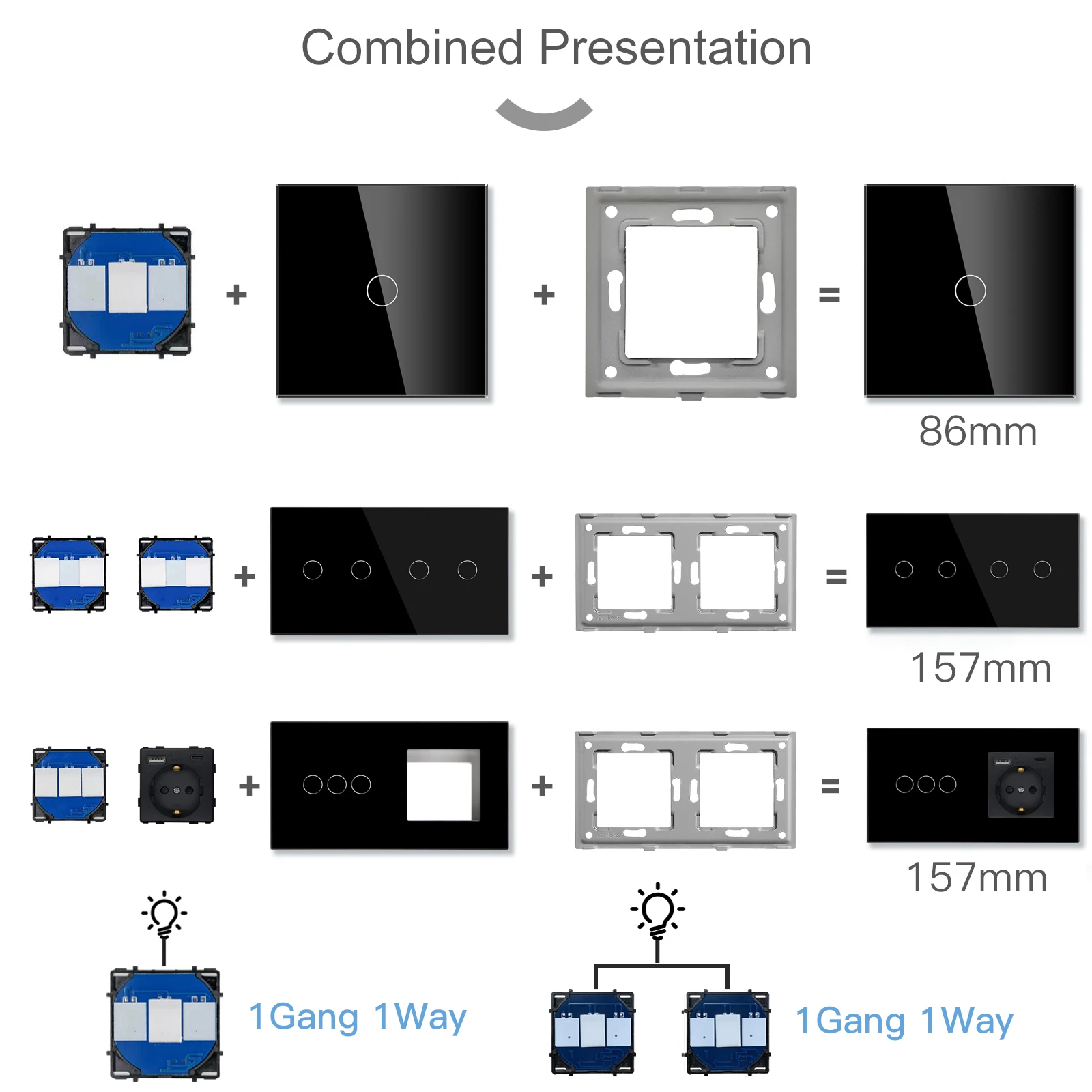 BSEED Wall Light Touch Switch 1/2/3Gang 1/2Way LED Dimmer Function Parts Glass Panels Frame EU 16A Power Sockets DIY Parts Only thumbnail 3