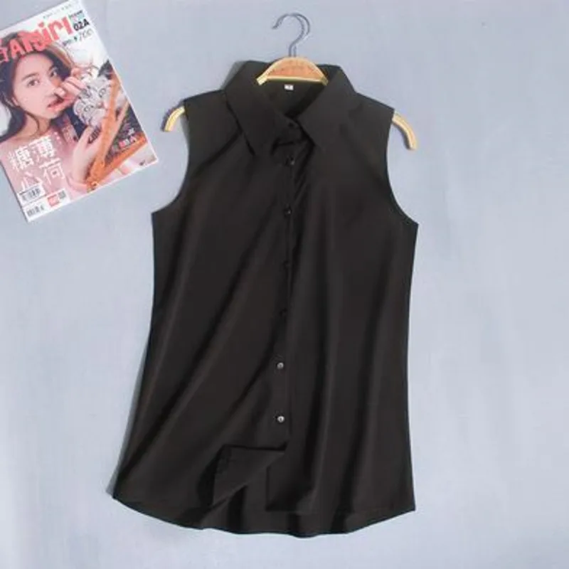 #2503 Woman Tops And Blouses Sleeveless Shirt Women Summer Thin Vest Pullover Button Basic Top Chiffon Red White Black Polo Neck thumbnail 4