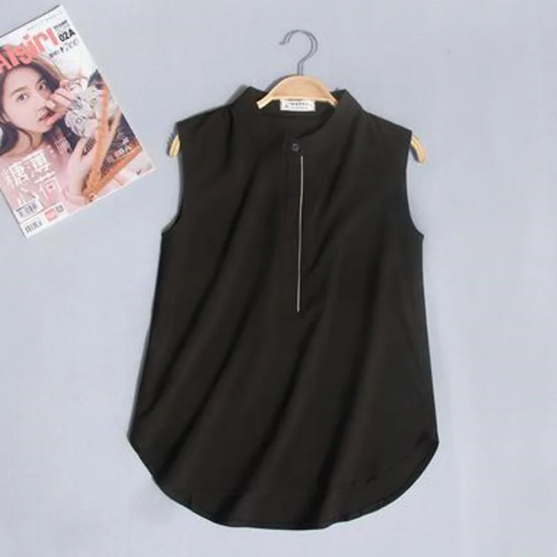 #2503 Woman Tops And Blouses Sleeveless Shirt Women Summer Thin Vest Pullover Button Basic Top Chiffon Red White Black Polo Neck thumbnail 3
