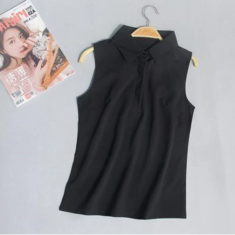 #2503 Woman Tops And Blouses Sleeveless Shirt Women Summer Thin Vest Pullover Button Basic Top Chiffon Red White Black Polo Neck thumbnail 5
