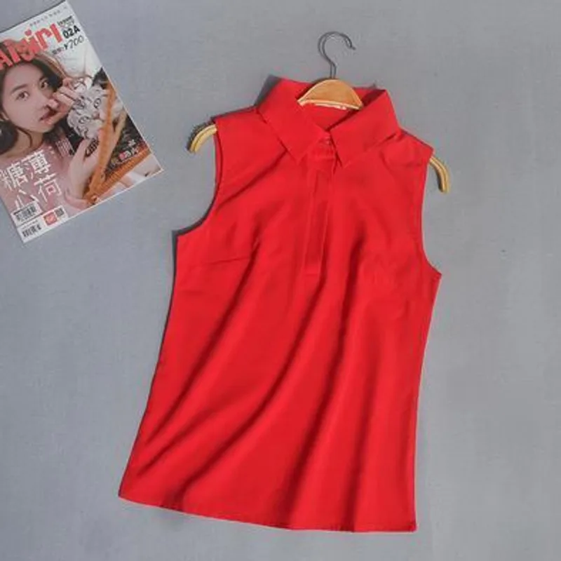 #2503 Woman Tops And Blouses Sleeveless Shirt Women Summer Thin Vest Pullover Button Basic Top Chiffon Red White Black Polo Neck thumbnail 6