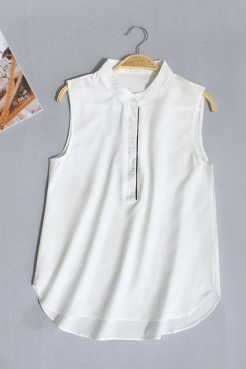 #2503 Woman Tops And Blouses Sleeveless Shirt Women Summer Thin Vest Pullover Button Basic Top Chiffon Red White Black Polo Neck thumbnail 2