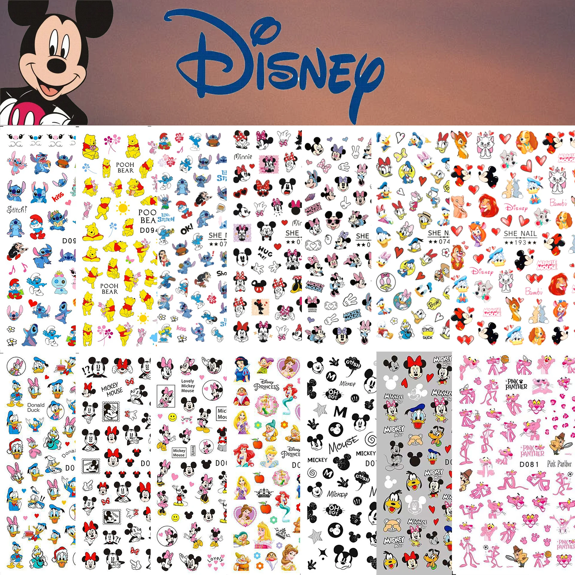 1PCS Disney Cartoon Nail Stickers Wholesale Waterproof Paste Nail Art Sticker Princess Mickey Anime Series Nail Decoration