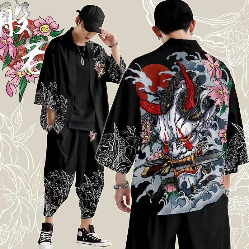 Japanese Traditional Clothing Astronaut Print Kimono Pants Men Retro Yukata Asian Fashion Tang Suit Harajuku Hanfu Yukata Jacket thumbnail 4