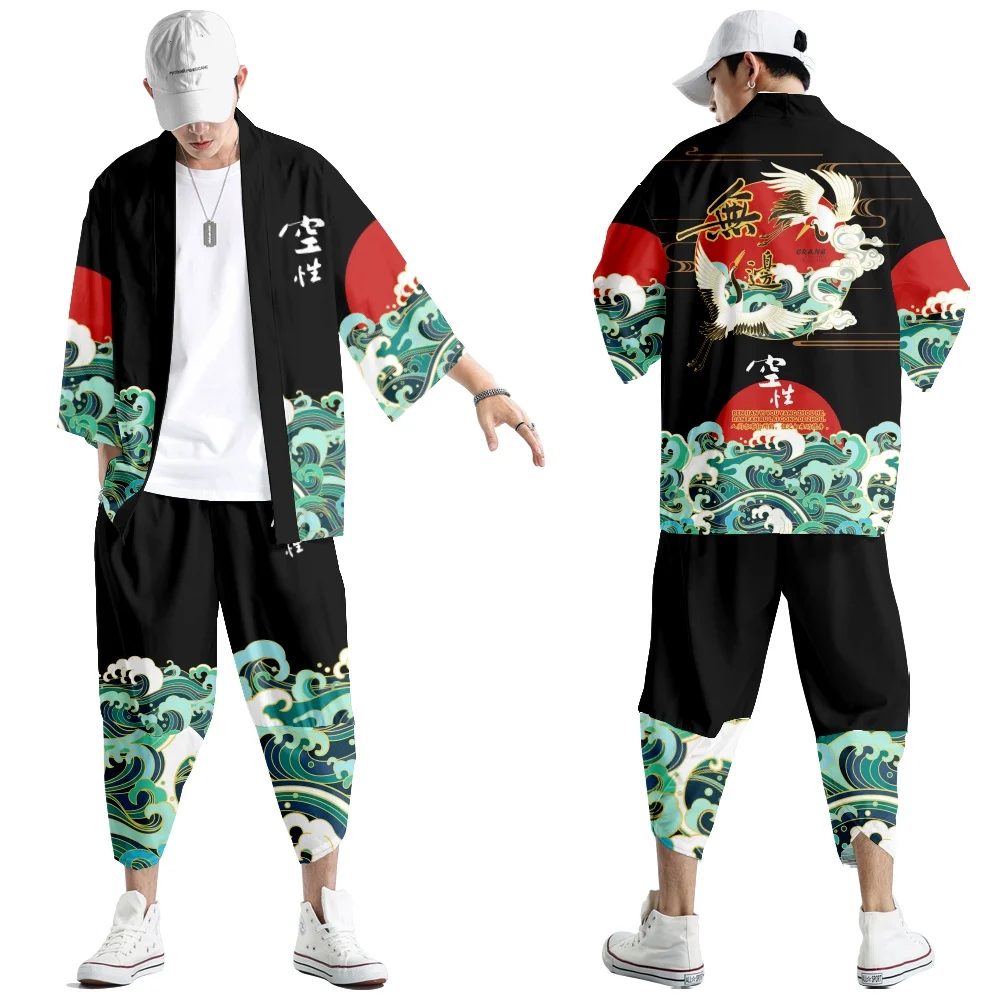 Japanese Traditional Clothing Astronaut Print Kimono Pants Men Retro Yukata Asian Fashion Tang Suit Harajuku Hanfu Yukata Jacket thumbnail 6