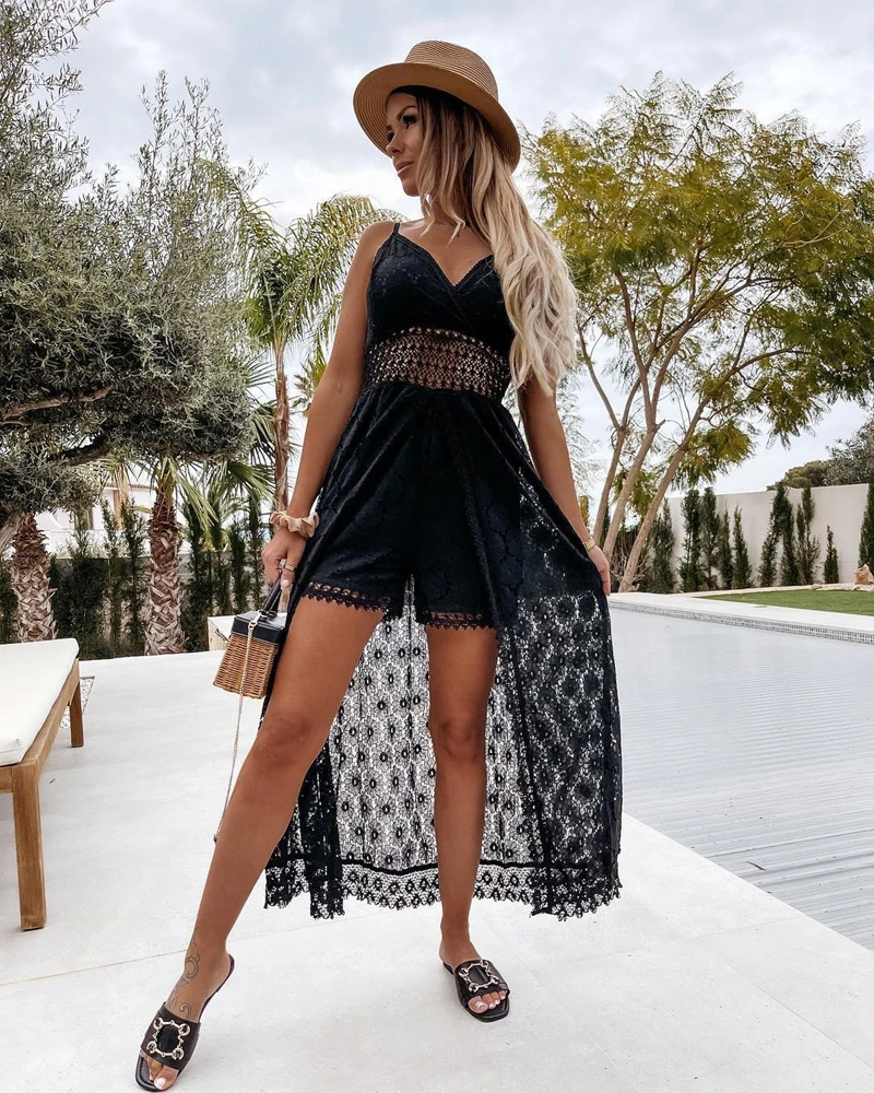 Summer V Neck Solid Color Lace Hollow-Out Sleeveless Sling Party Wear High Waist Rompers Holiday Casual White Women's Jumpsuit thumbnail 5