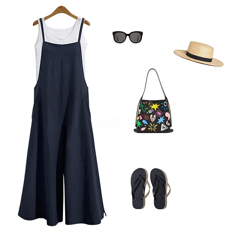 Women Straps Jumpsuit Summer Solid Color Wide Leg Pants Dungaree Bib Overalls Casual Loose Sleeveless Cotton Linen Jumpsuits 5Xl thumbnail 5