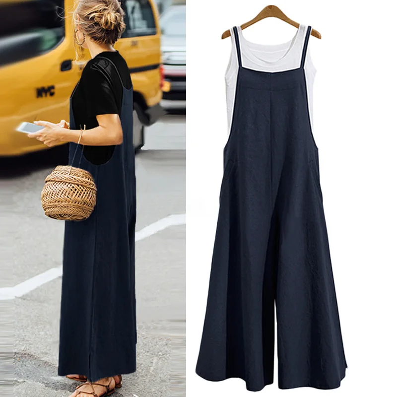 Women Straps Jumpsuit Summer Solid Color Wide Leg Pants Dungaree Bib Overalls Casual Loose Sleeveless Cotton Linen Jumpsuits 5Xl thumbnail 3