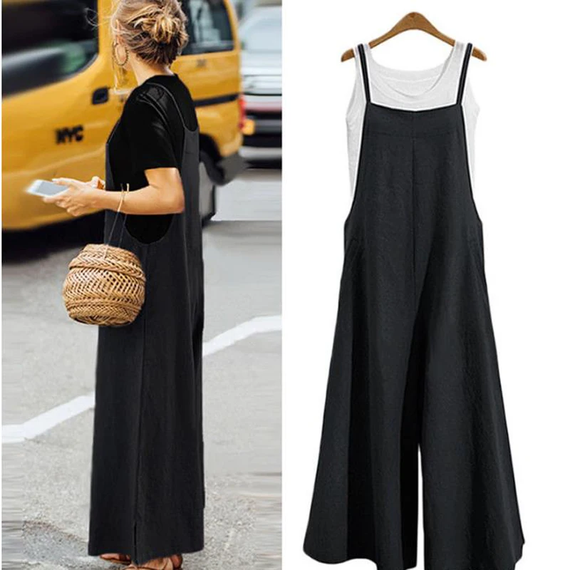 Women Straps Jumpsuit Summer Solid Color Wide Leg Pants Dungaree Bib Overalls Casual Loose Sleeveless Cotton Linen Jumpsuits 5Xl thumbnail 2